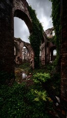 Naklejka premium Forgotten industrial ruins embrace nature a poignant scene of decay and reclaiming wild beauty