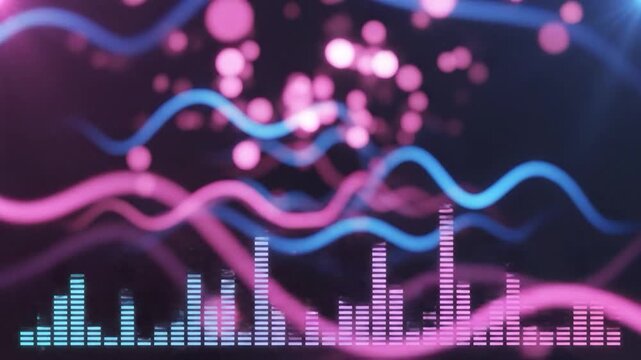 Abstract digital audio visualizer with colorful wavy lines and a sound wave equalizer, perfect for music and technology concepts
