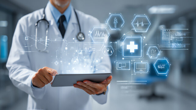 A medical professional uses a tablet to access health data, showcasing technology's role in modern healthcare.