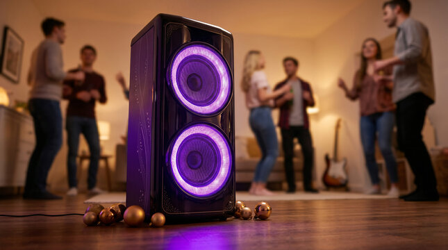Portable Speaker with Purple Lights at Home Party