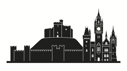 Fototapeta premium Castle with Clock Tower silhouette vector for Gothic medieval architecture, heritage, culture, tourism, branding, iconic landmark, and design projects worldwide