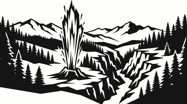 Yellowstone geyser eruption silhouette vector for travel, adventure, nature, tourism, education, branding, wilderness, heritage, and design projects worldwide