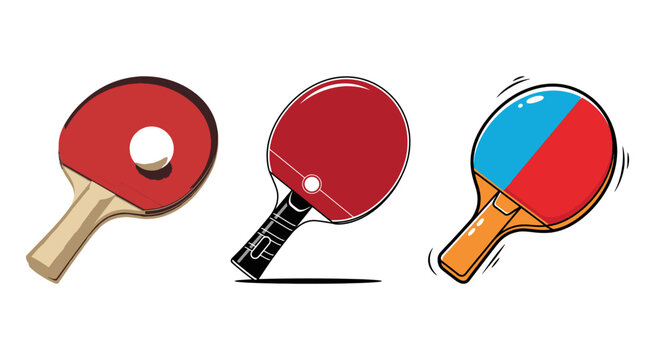 Three different table tennis ping pong paddles and balls in cartoon style