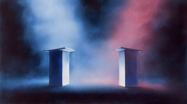 Dramatic Debate Illustration Contrasting Blue Red Stage Lights Suggesting Competition Presentation