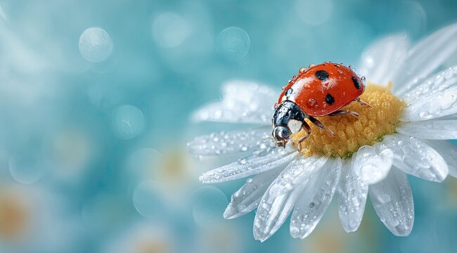 A bright red ladybug rests on a dew-kissed white daisy with a soft blue background