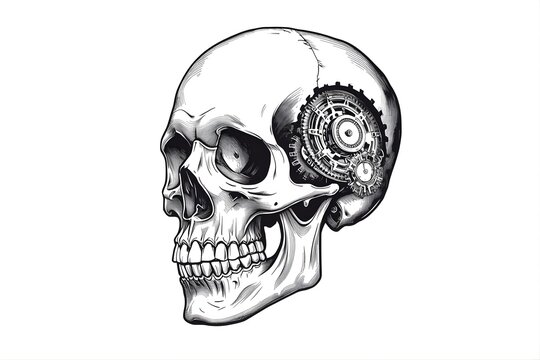 Skull with Mechanical Gears &ndash; Human Mind Machine Concept Art