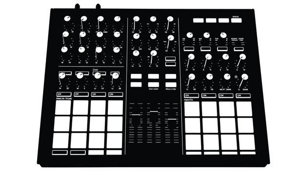 A striking black and white image showcases a complex music production controller with numerous knobs sliders and pads silhouette high quality professional detailed modern