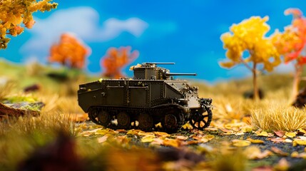Fototapeta premium Autumn’s golden hues frame a detailed miniature armored vehicle diorama scene