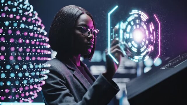 Woman interacts with holographic interface showing circular data display in dark room. Female touches digital visualization with neon particles. Woman uses hologram interface with data circles.