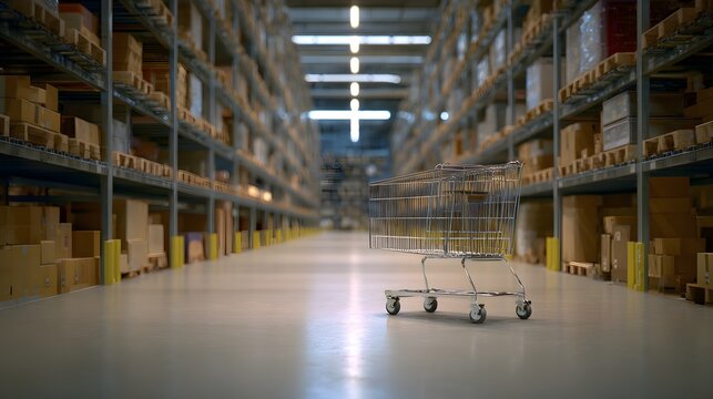 Warehouse Logistics Shopping Cart Amidst Shelves of Boxed Goods Retail Distribution Stock Photo