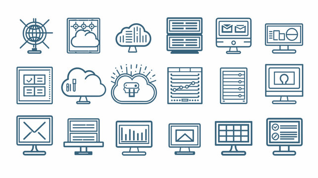 Collection of Business and Technology Icons Representing Data Analysis and Cloud Computing Concepts
