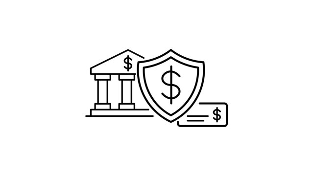 Overdraft Protection and Financial Security Concept Vector Icon with Bank Building, Shield, and Check. Minimalist Black Line Illustration with Editable Stroke for Banking and Money Management.