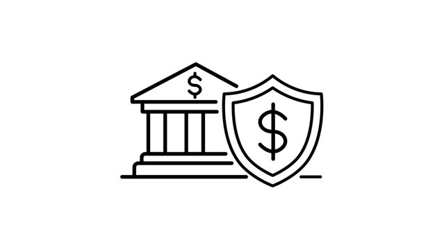Overdraft Protection and Secure Banking Editable Stroke Vector Icon. Minimalist black line illustration of a bank building and a shield with a dollar sign for financial safety and security.