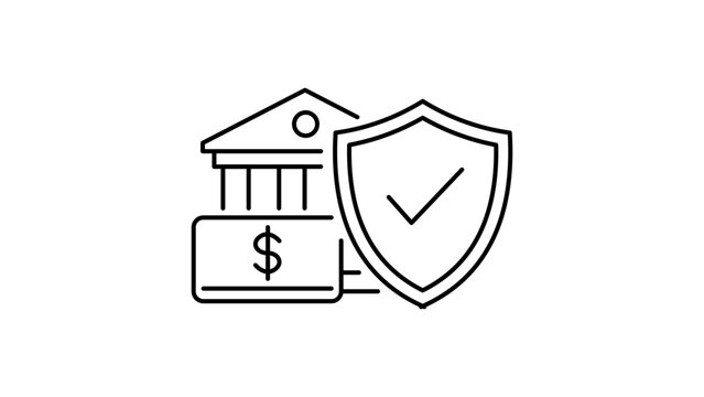 Overdraft Protection Editable Stroke Vector Icon. Minimalist black line illustration of a bank building, dollar bill, and a shield with a checkmark, symbolizing secure financial transactions.