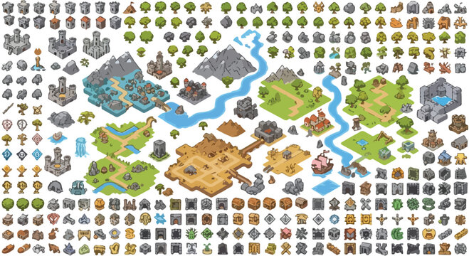 Isometric fantasy map icons, medieval game world building kit, pixel art style landscape elements for strategy games, adventure map creator vector set