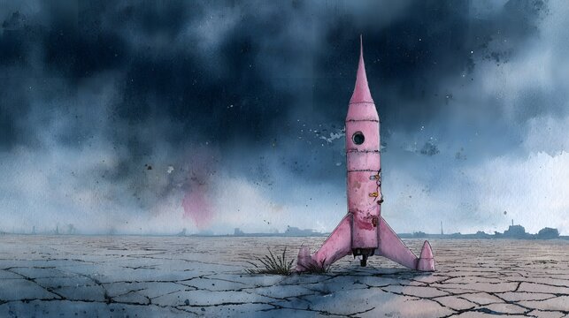 Abandoned Retro Rocket Illustration Evokes Decay Cinematic Sci-Fi Concept Art Muted Pink Grays