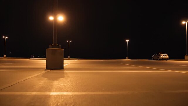 A solitary car sits in an empty parking lot, illuminated by streetlights, at night