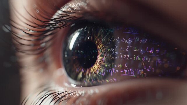 Close up human eye reflection of colorful quantum equation symbols with detailed eyelashes and vibrant brown iris in soft light close view