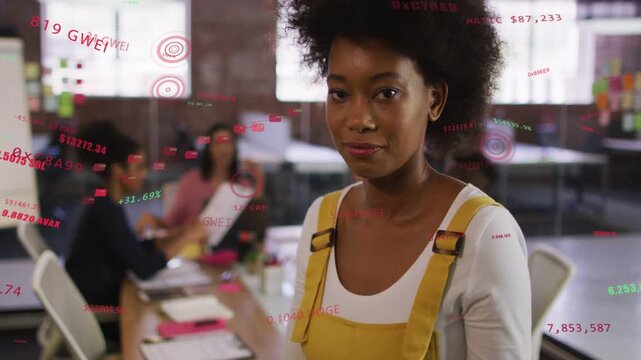 Woman standing center shifting to smile while team reviewing papers causing crypto data overlays