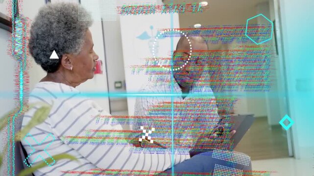 Adult man tapping tablet, causing HUD glitching then clearing, explaining health info to patient