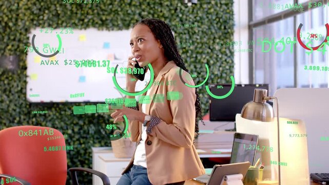 Female office pro calling, pointing to AR HUD showing DOT 46K AVAX 25K tracking portfolio