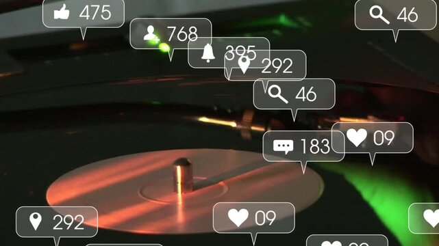 DJ hand adjusting tonearm over vinyl platter as social badges appearing on platter showing metrics