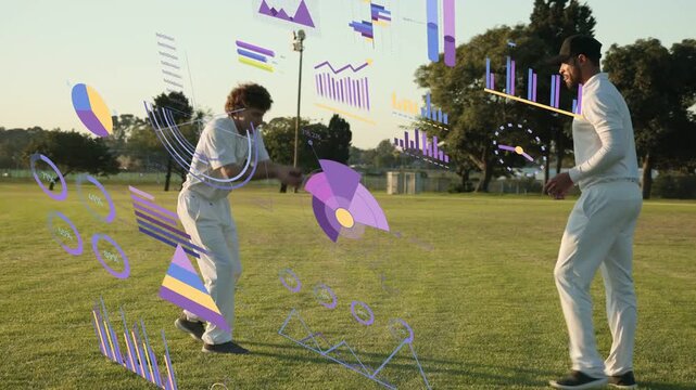Two male cricket players, thrower starting tosses on field, AR charts tracing ball arc for coaching