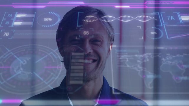 Mid-adult man watching holographic UI updating face-box metrics, reacting, smiling and laughing