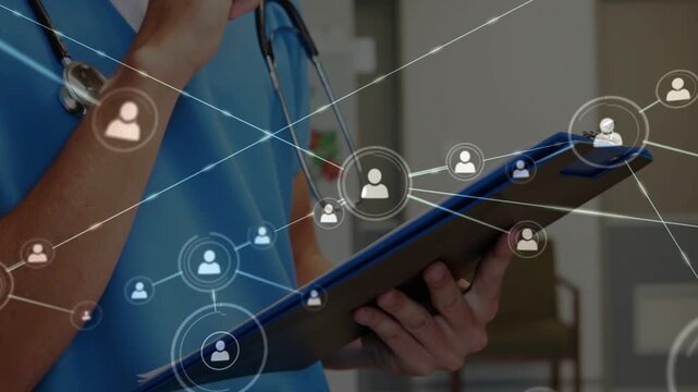 User icon appearing spurring nurse writing on board, net icons expanding across hands, mapping ties