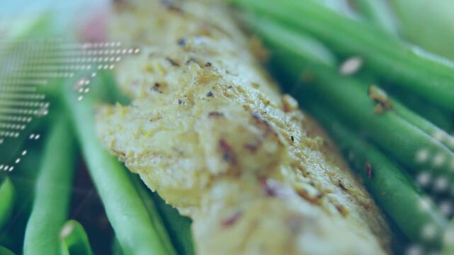 Camera panning revealing fillet avocado greens, dotted map over fillet, console text for marketing