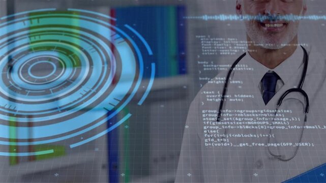 Vertical video: Reacting to HUD, doctor in lab coat holding clipboard in clinic with stethoscope