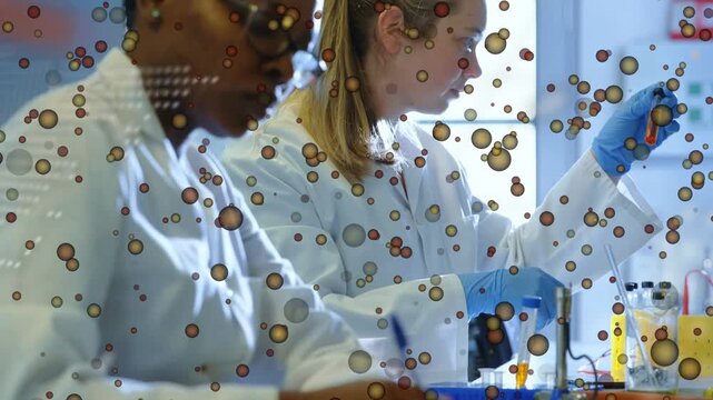 On start two lab techs pipetting and viewing vial, noting results, circular code overlaying scene