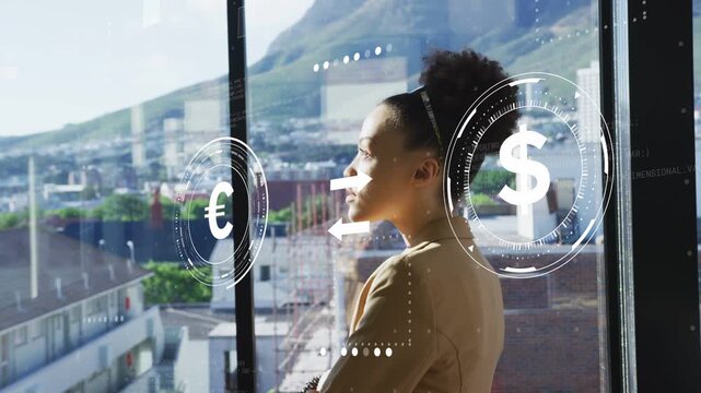 Woman standing at window receiving finance update, animated dollar and euro HUD guiding gaze