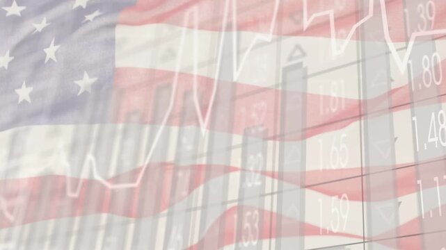 On data update American flag rippling as under bar and line graphs rising showing market trends