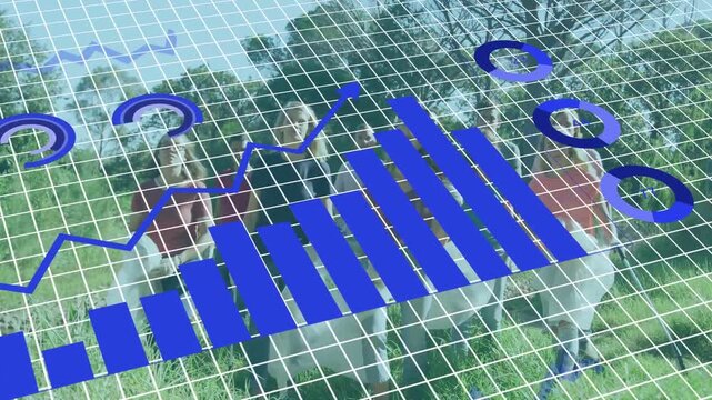 Ten adults holding balls standing in grass 3D grid fading in showing fitness data hiding group