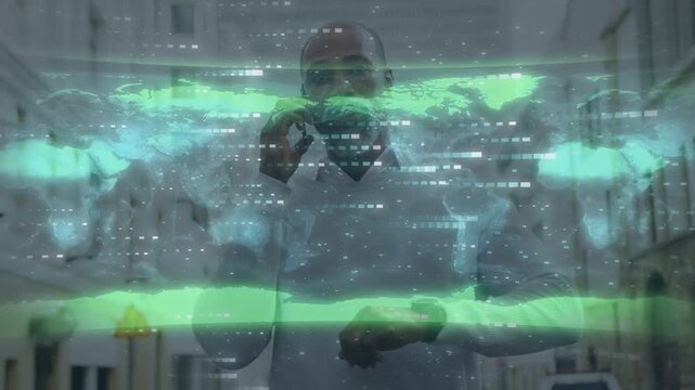 Man walking street taking call checking watch activating green-banded map overlay for business