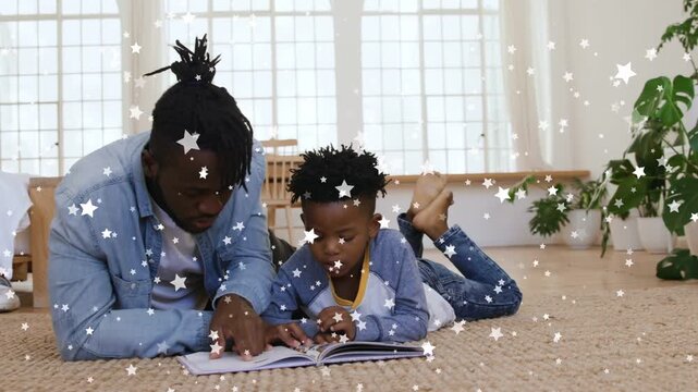 Adult pointing, teaching reading; child tracking pages, star overlay floating over book, education