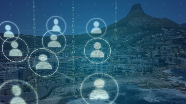 Translucent node appearing over coast, spawning user nodes filling, clustering, forming network