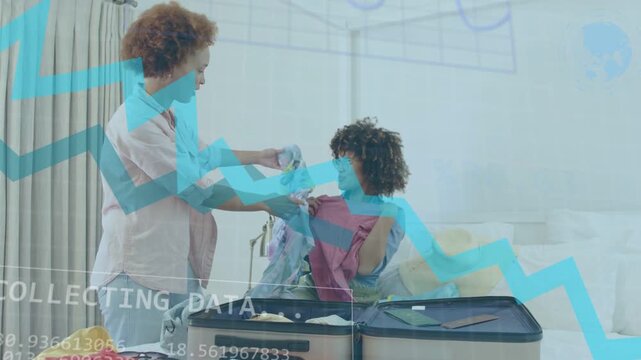 Two women packing open suitcase on bed, data overlay appearing and HUD graphs guiding trip packing