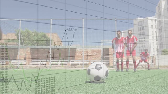 Blue player approaching ball, executing free kick to score, sports data charts showing trajectory