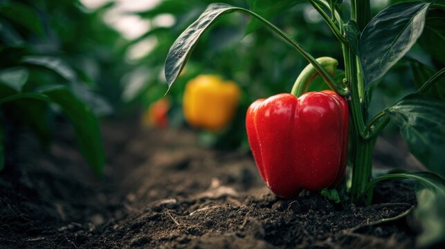 Vibrant red pepper growing on a plant in rich soil with blurred yellow peppers and green leaves in the background of a vegetable garden under natural light
