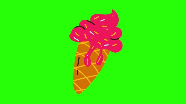 A cartoon-style apink ice cream cone with colorful sprinkles and dripping ice cream, set against 4k stock animation video on a green screen background for chroma key background for video editing.