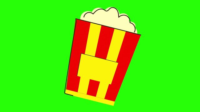 A cartoon-style red and yellow striped bucket overflowing with popcorn against 4k stock animation video on a green screen background for chroma key background for video editing.