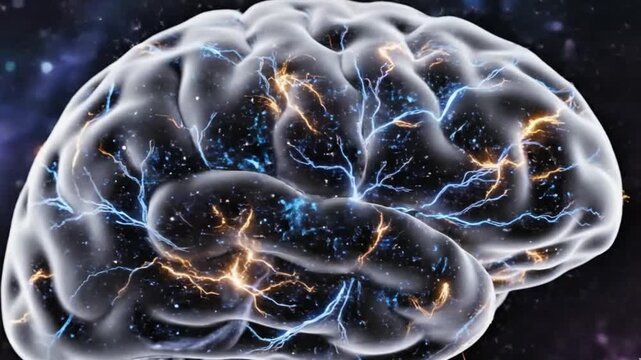 A conceptual illustration of a human brain showing electrical impulses and neural network activity with glowing blue and gold sparks, representing thought and intelligence.