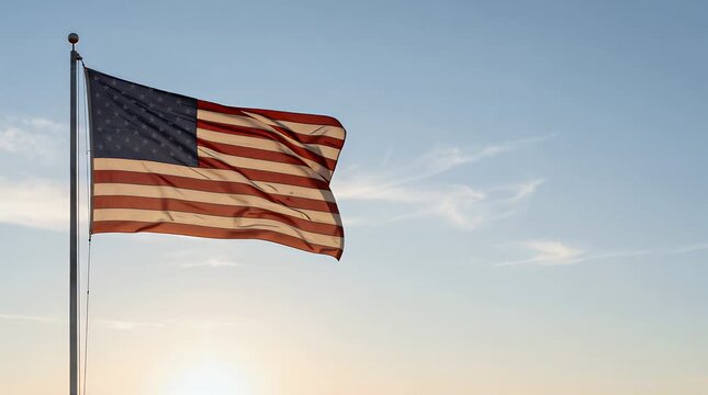 United States flag on flagpole waving against vast horizon symbolizing hope and endless freedom.