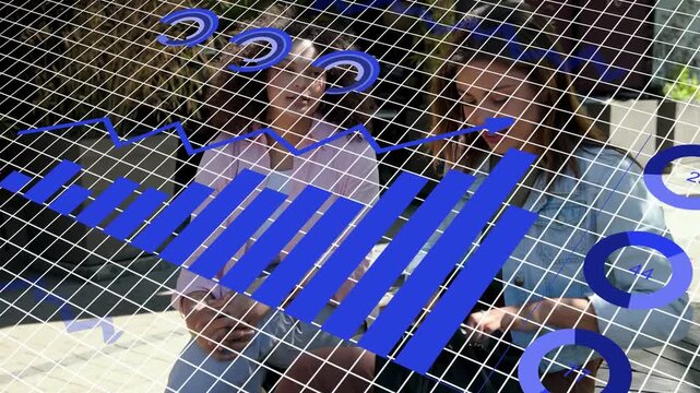 Two women tapping phone, causing blue AR charts sliding across torsos while analyzing business data