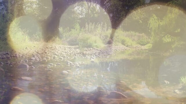 Shallow rocky stream revealing as drifting bokeh circles sliding and fading exposing sunlit stones