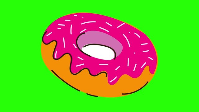 Animated donut featuring bright pink icing and white sprinkles against 4k stock animation video on a green screen background for chroma key background for video editing.
