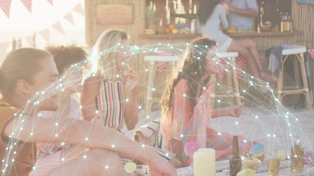 Friends sitting on rug, guitarist entering and strumming, animated dome hovering over group, travel