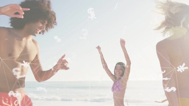 Center woman raising arms, friends mirroring dance on shore, currency symbols and lines overlaying